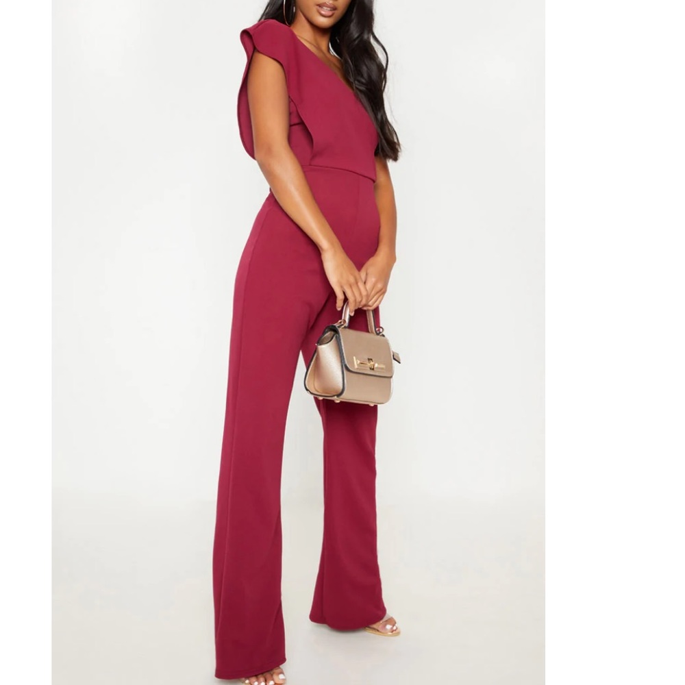Burgundy Drape One Shoulder Jumpsuit